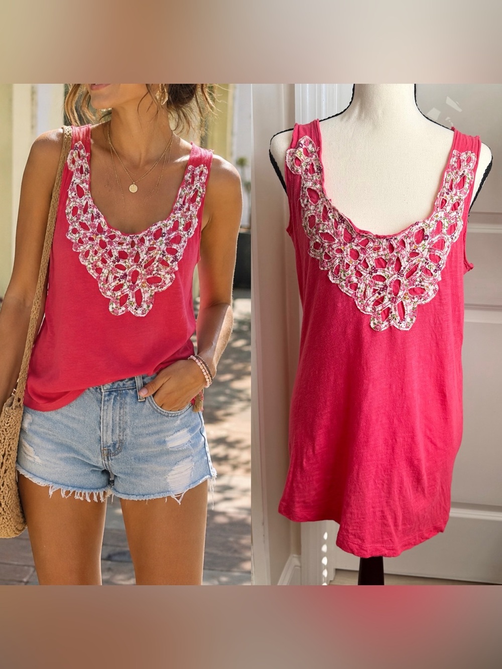 Eyeshadow Y2K Floral Appliqué Cutout Tank Top Pink Sz M